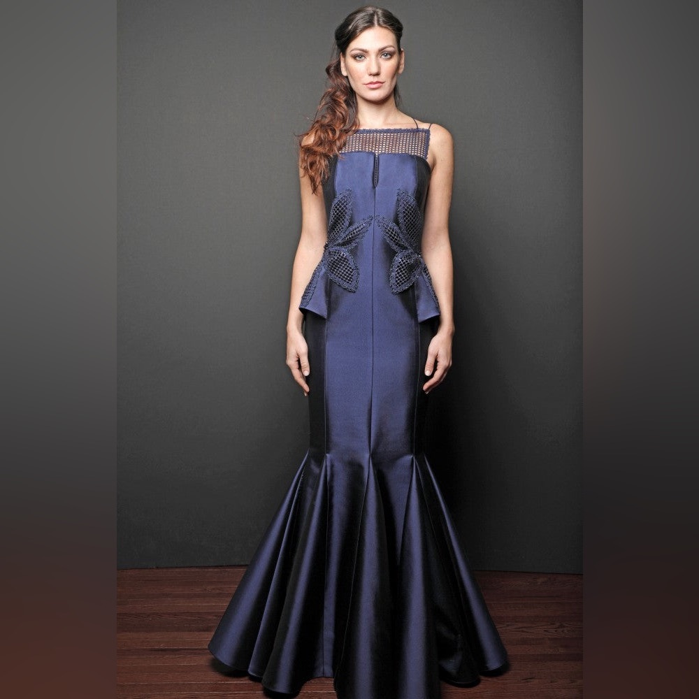 NWOT Olga Banartsev Navy Silk-Wool Mermaid Gown